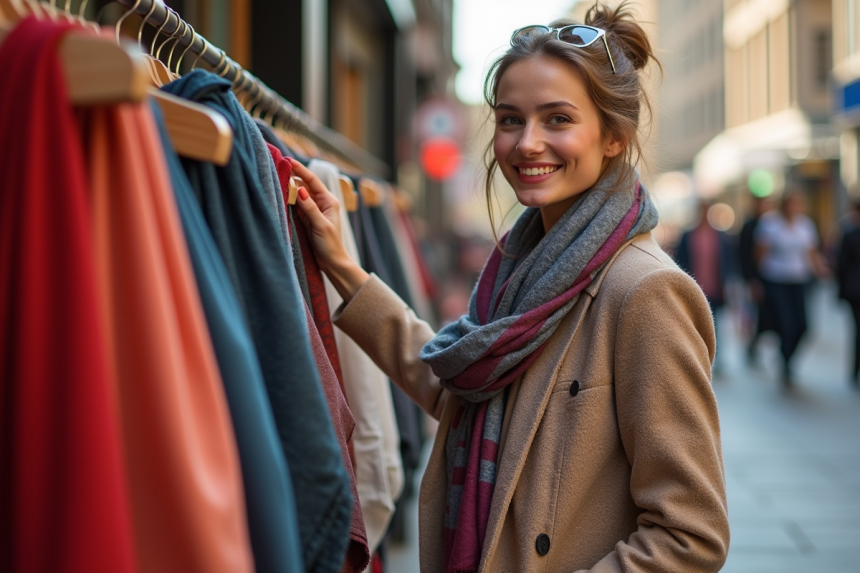 Jeune femme mode dans la ville choisissant une écharpe