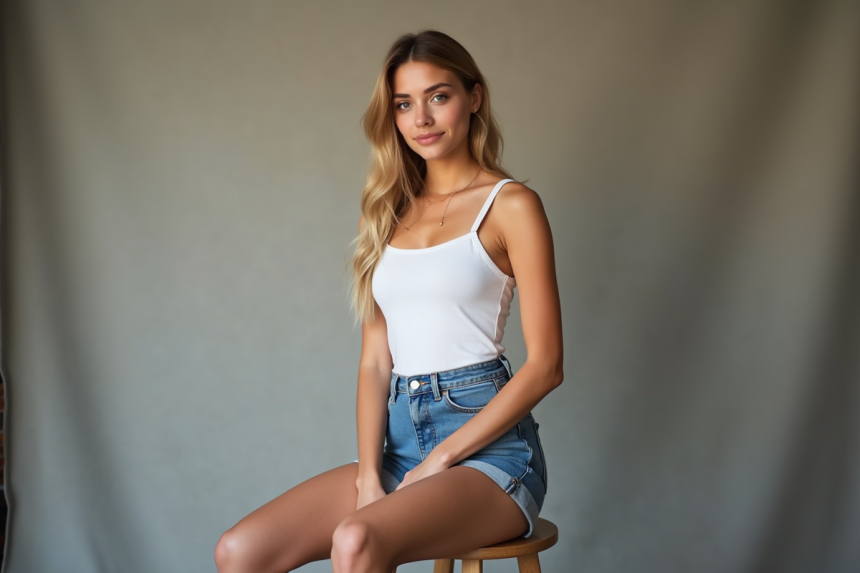 Jeune femme en débardeur blanc et jean assise en studio