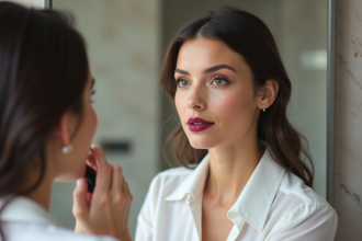 Jeune femme brunette appliquant un rouge à lèvres foncé