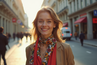 Jeune femme mode avec foulard en ville ensoleillée