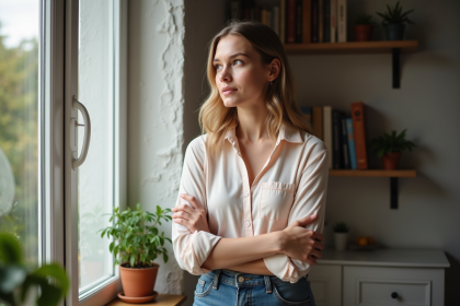 Jeune femme dans un appartement cosy regardant par la fenêtre