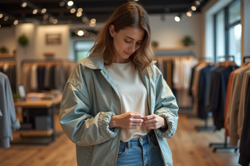 Jeune femme inspectant une couture de vêtement dans un magasin