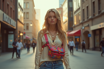 Jeune femme vintage dans une ville moderne ensoleillee