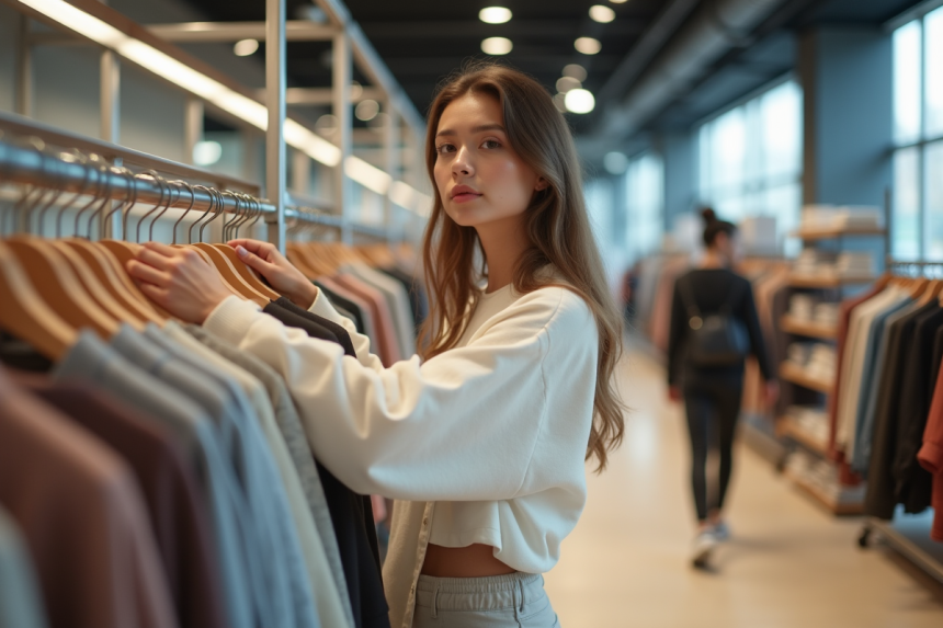 Jeune femme observant un rayon de vêtements dans un magasin moderne