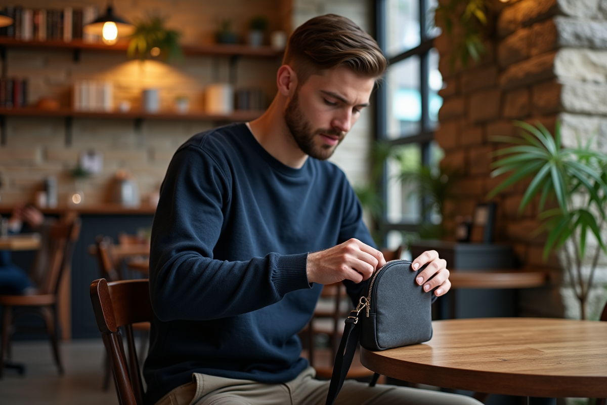 Jeune homme dans un café avec sac à bandoulière noir