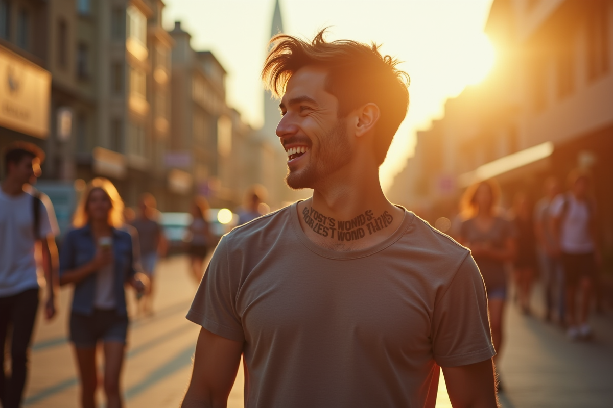 Jeune homme avec tatouage sur la clavicule dans la rue urbaine
