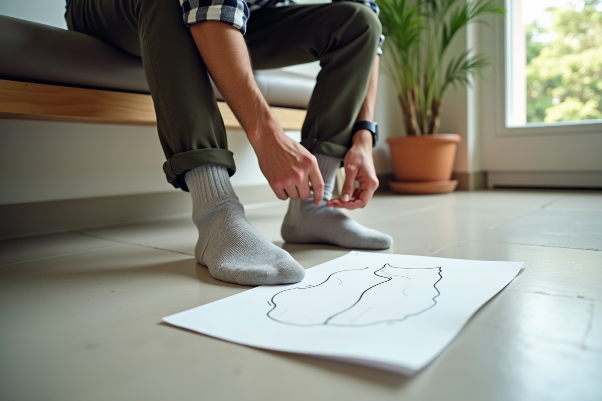 Jeune homme traçant le contour de son pied dans un couloir lumineux