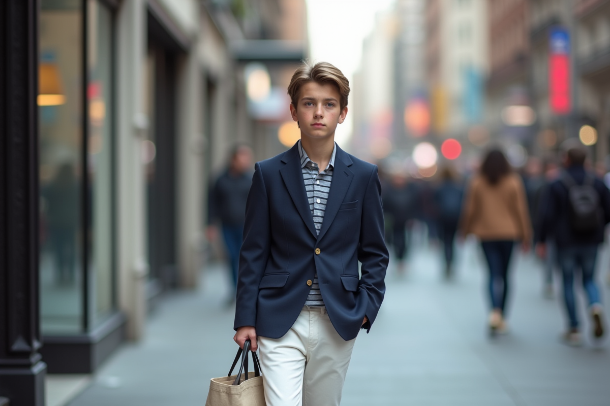 Jeune homme en blazer dans une rue animée