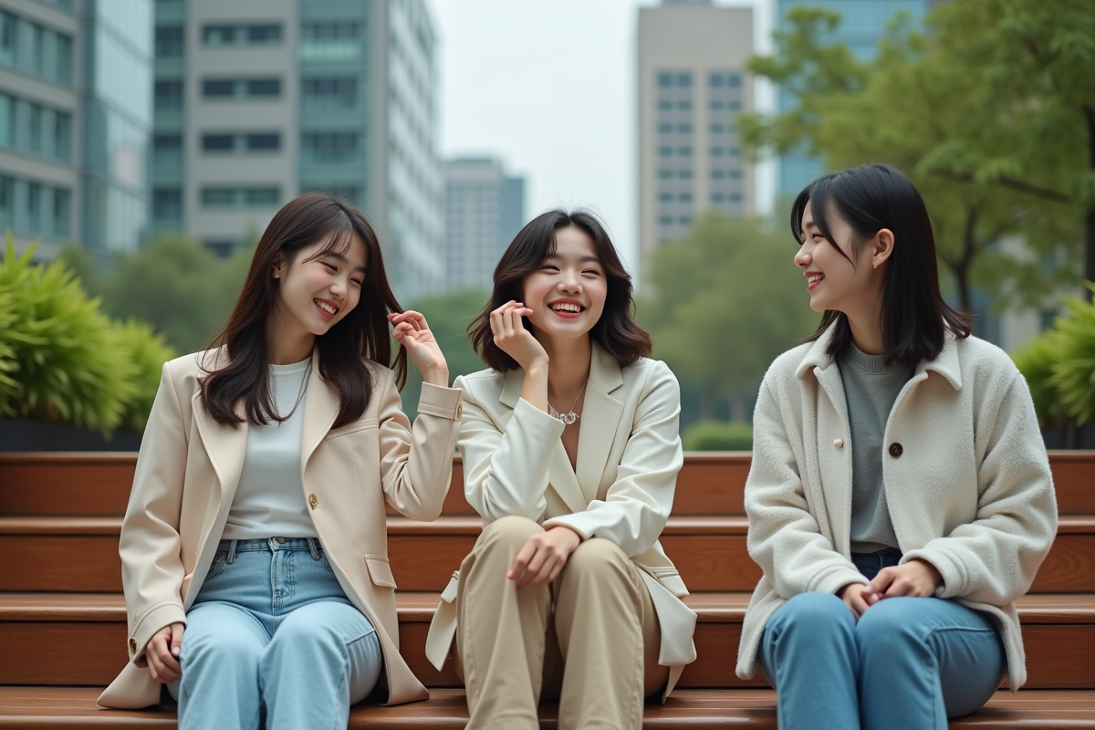 Trois adolescents coreens en streetwear dans un parc urbain