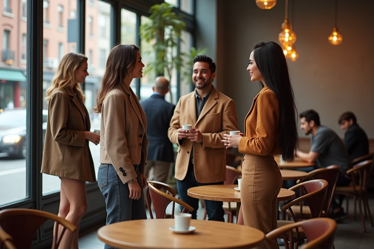 Groupe de jeunes fashionistas dans un café moderne en ville