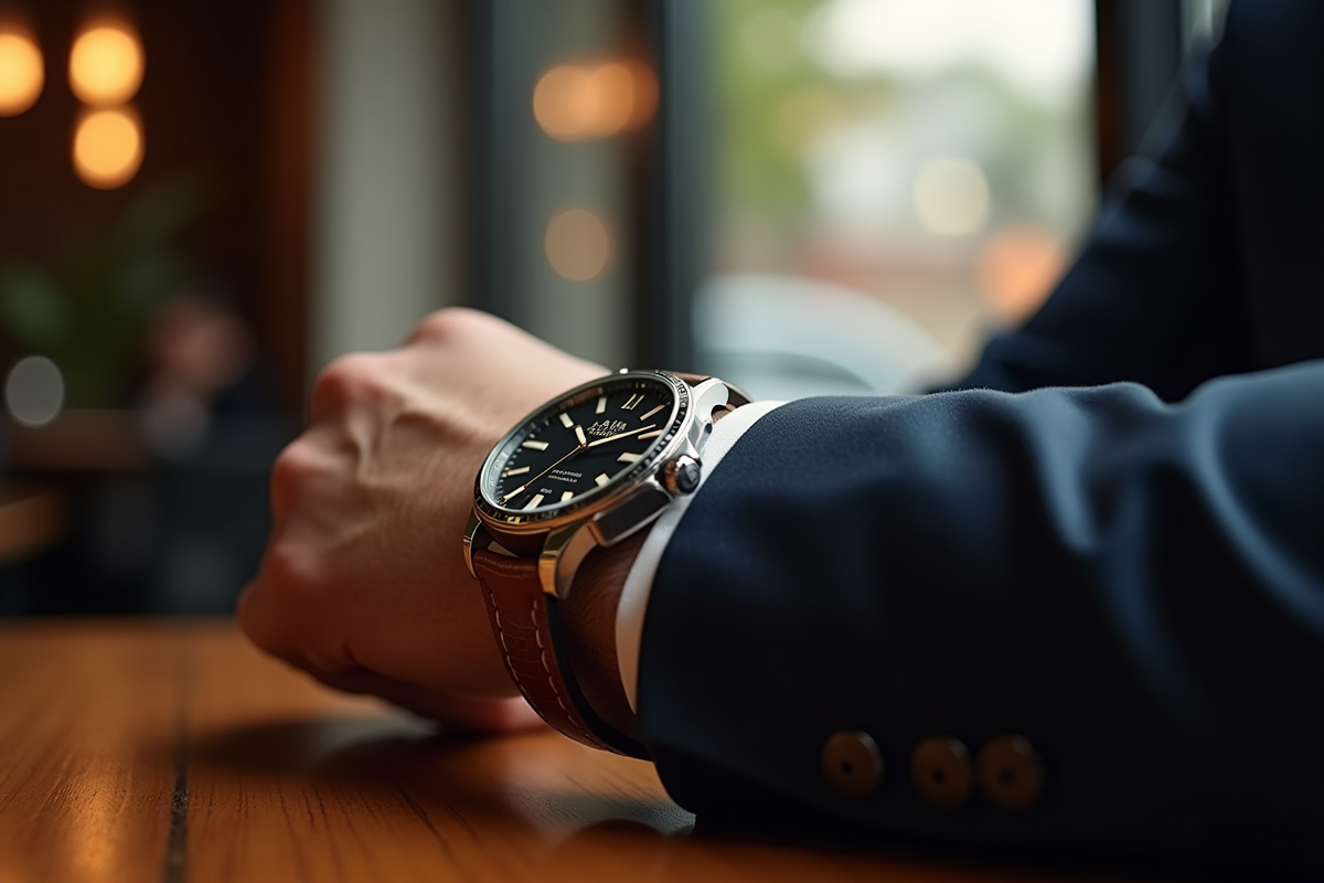 Montre de luxe au poignet dans un café lumineux