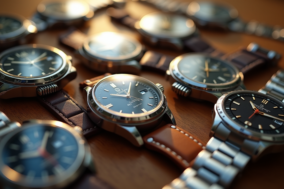 Plusieurs montres haut de gamme sur une table en bois