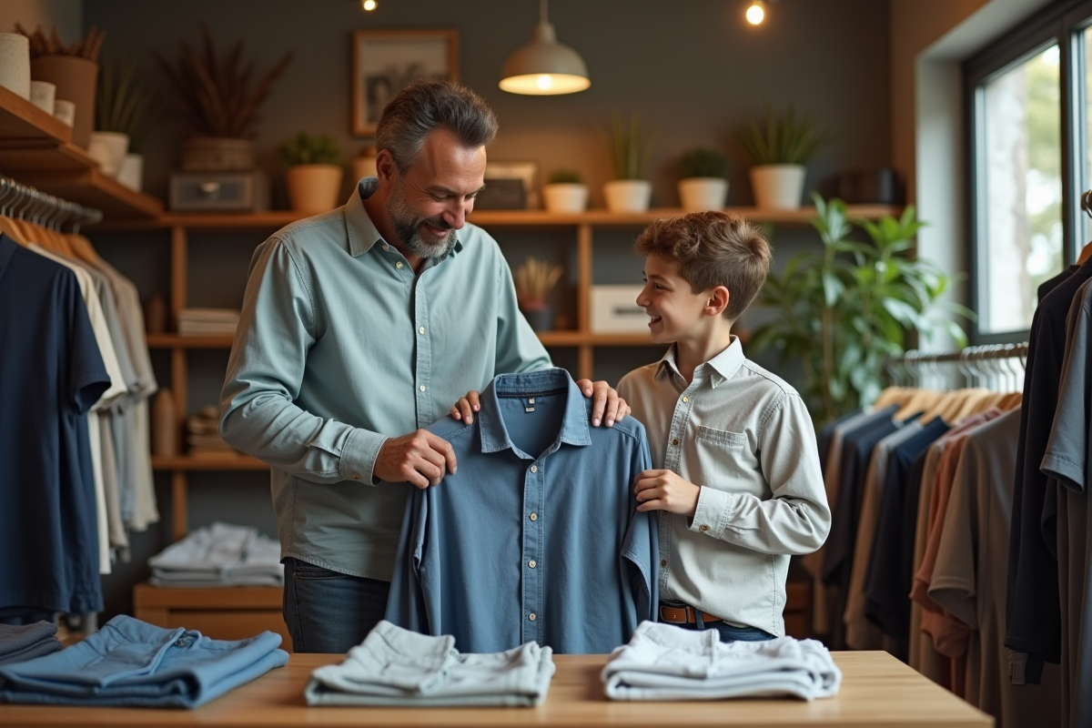 Père et fils choisissant des vêtements dans un magasin