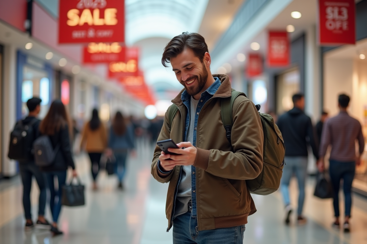 Père souriant vérifiant ses soldes dans un centre commercial