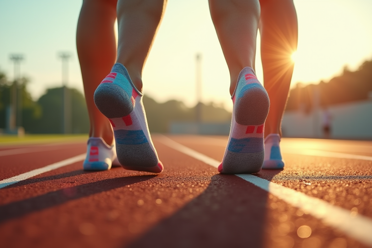 Paire de pieds avec chaussettes colorées sur une piste de course en plein air