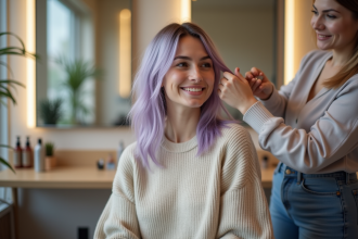 Jeune femme souriante dans un salon moderne avec coloration lavande