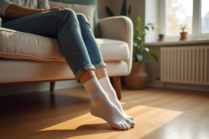 Personne assise sur un canapé moderne avec des chaussettes blanches dans un salon chaleureux